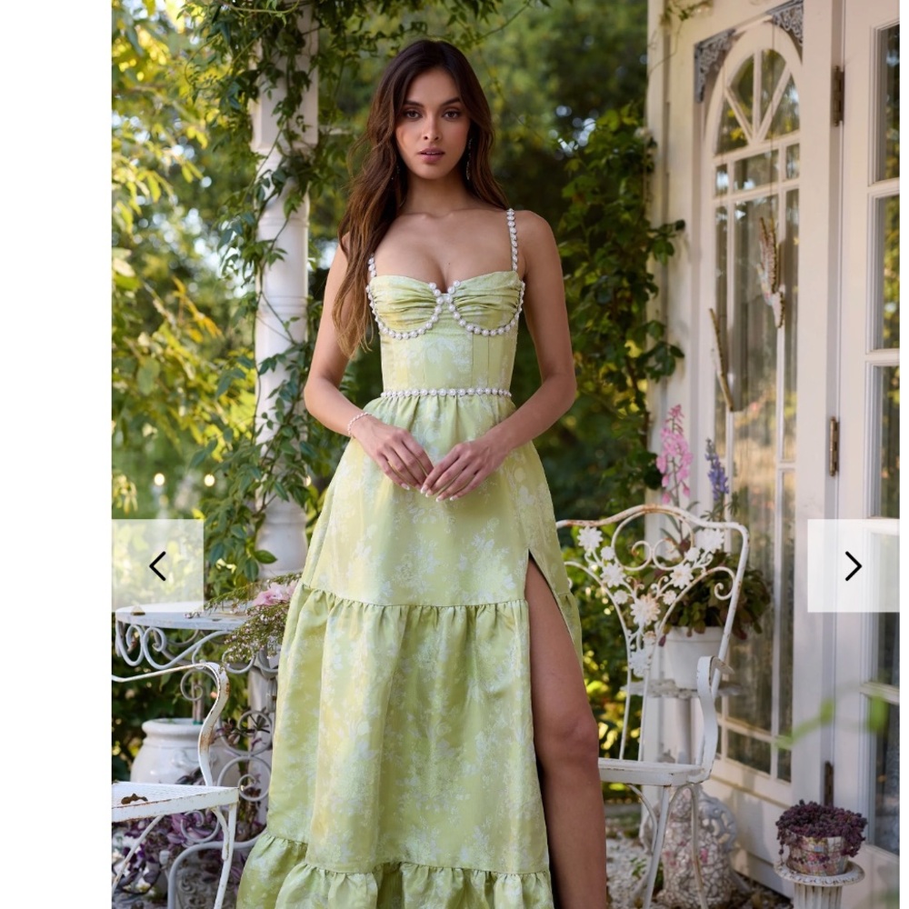 V. Chapman Lucetta Dress Chartreuse Green Tiered Maxi Dress Sweetheart Bodice